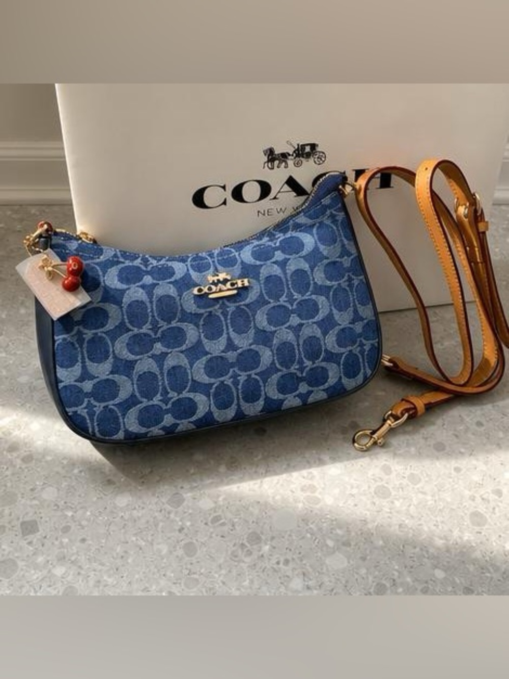 Coach Denim Signature Shoulder Bag with Tan Strap